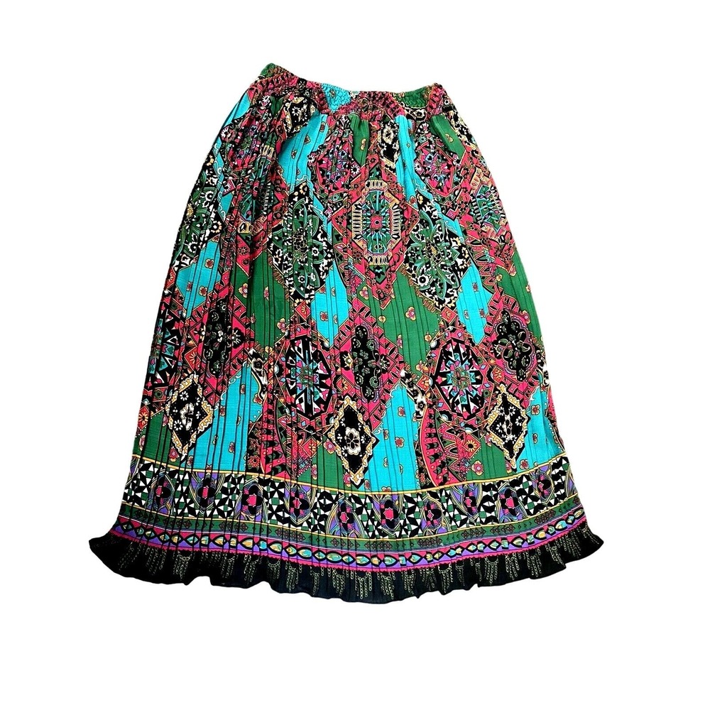 Diane Freis Original Vintage Pleated Maxi Skirt‎ Geometric Kaleidoscope Ruffle L